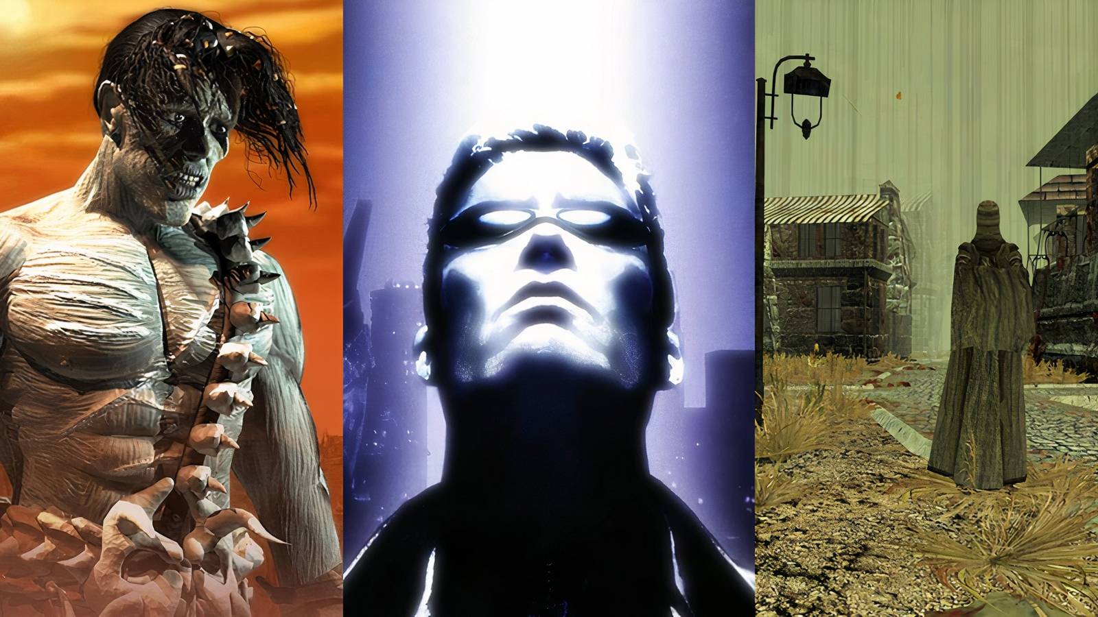 Stills from Planescape: Torment, Deus Ex, and Pathologic
