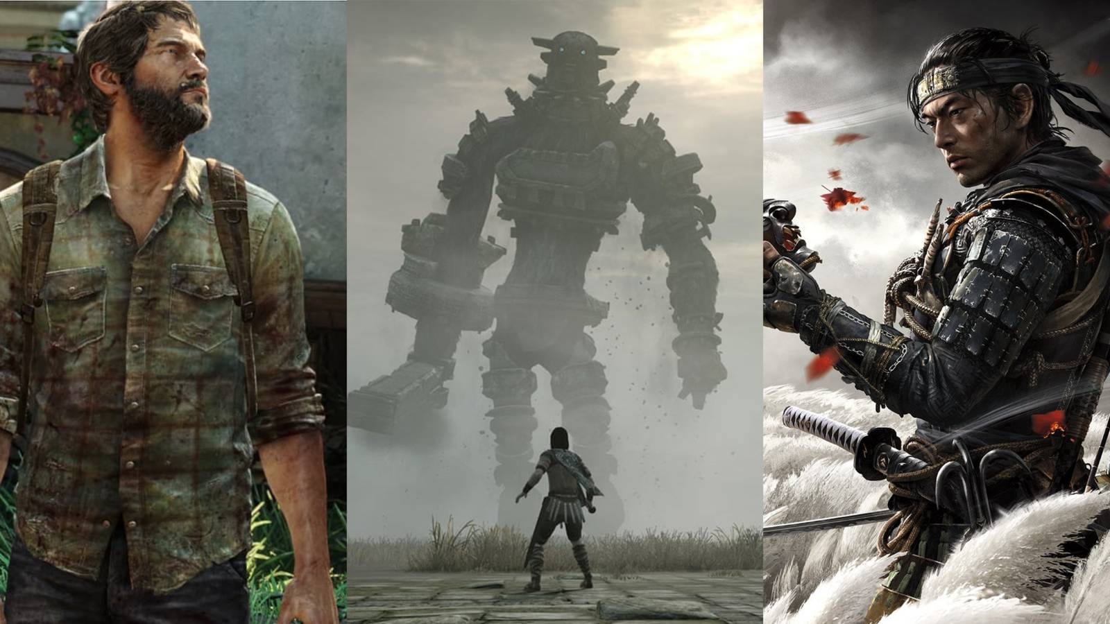 Stills of The Last Of Us, Shadow of the Colossus, and Ghost of Tsushima