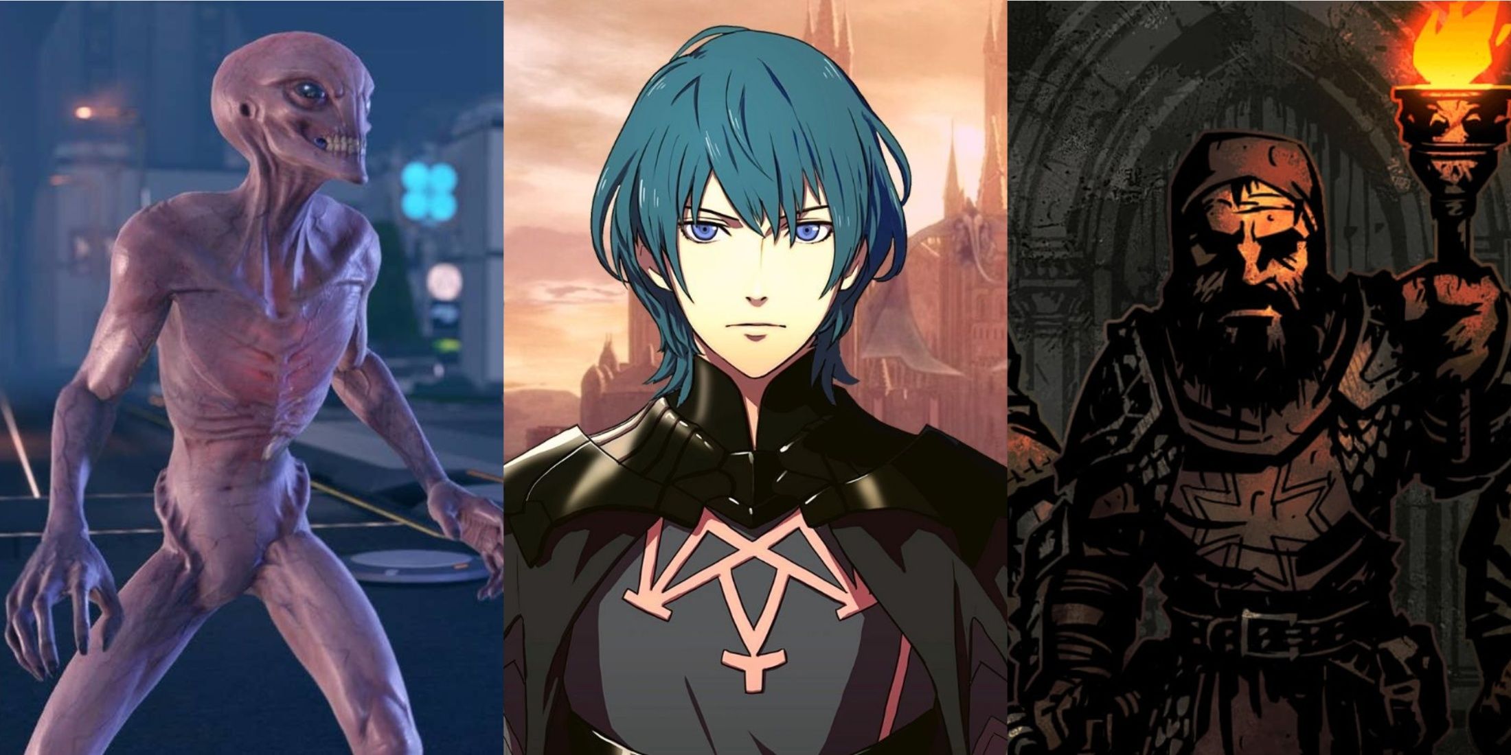 Stills from XCOM 2, Fire Emblem: Three Houses, and Darkest Dungeon