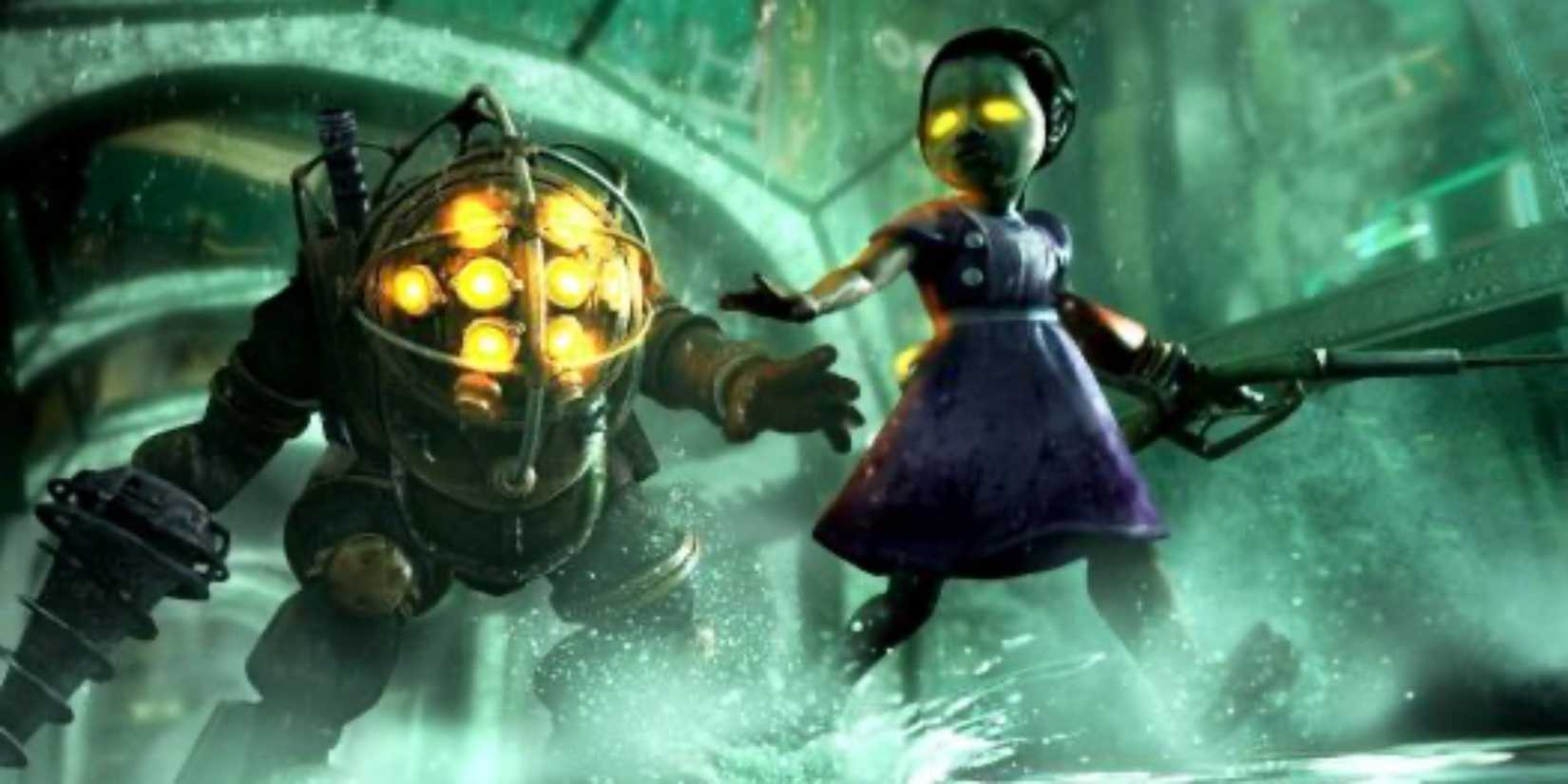 Big Daddy and Little Sister prepare to attack in Bioshock