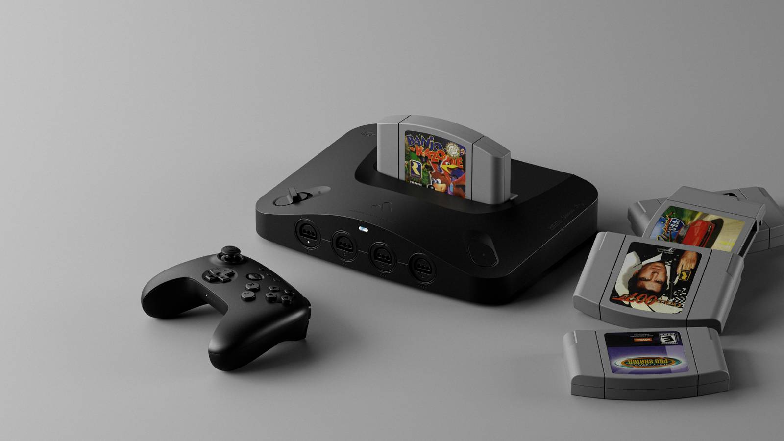 A black Analogue 3D with controller and several N64 cartridges