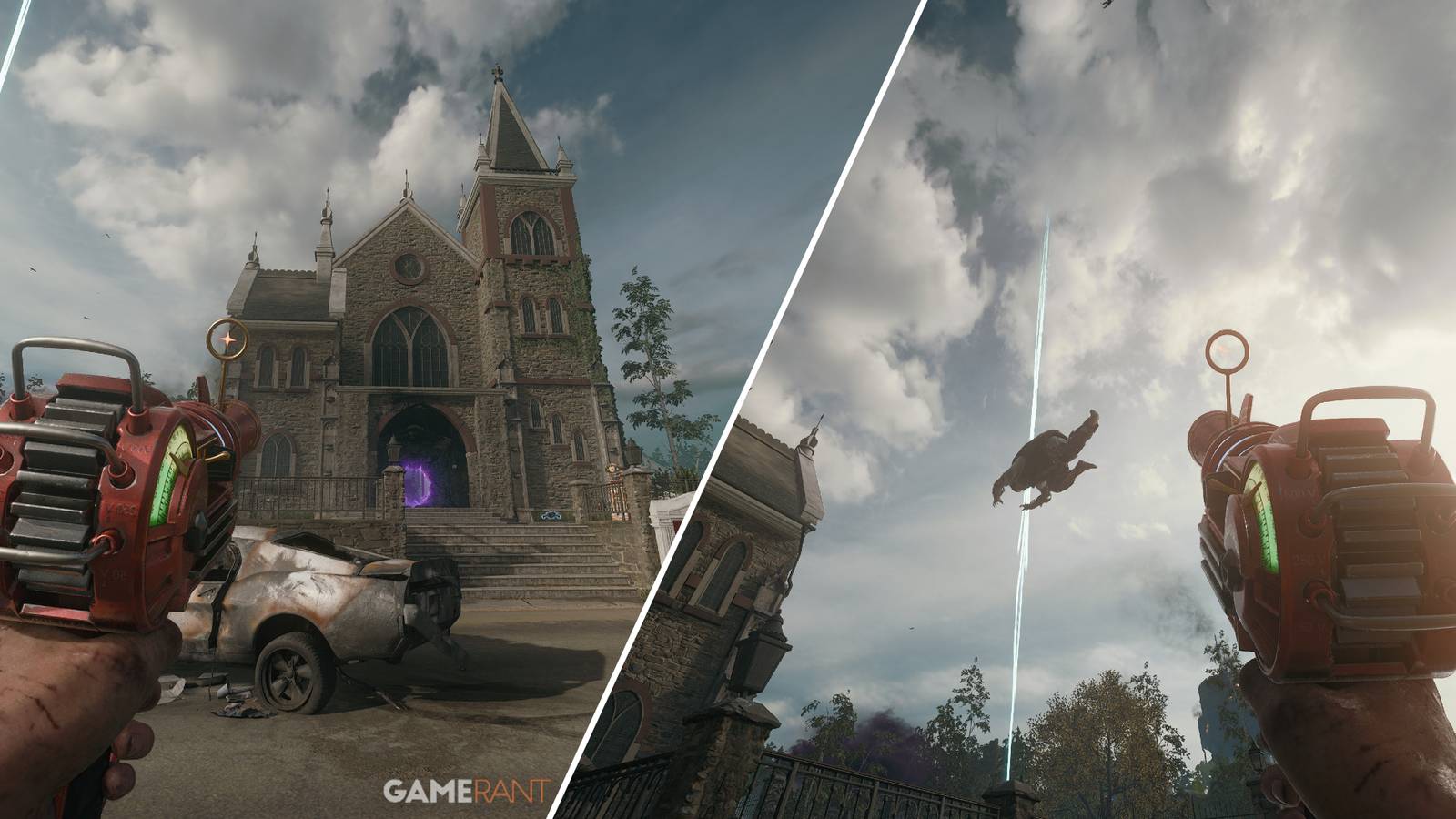 Split-image showcasing the Liberty Falls Falling Zombies Easter Egg in Black Ops 6 Zombies