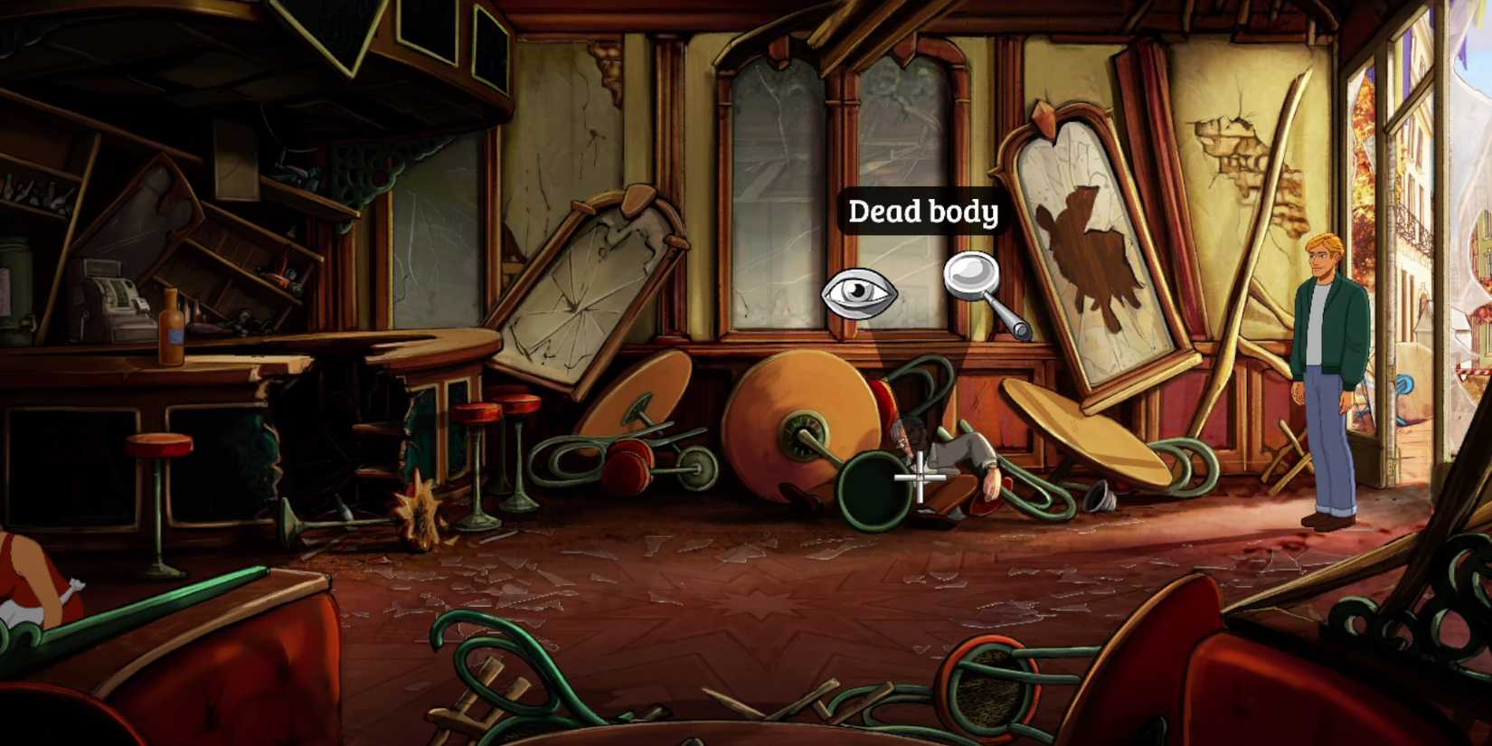 Broken Sword George inspect the body after the explosion