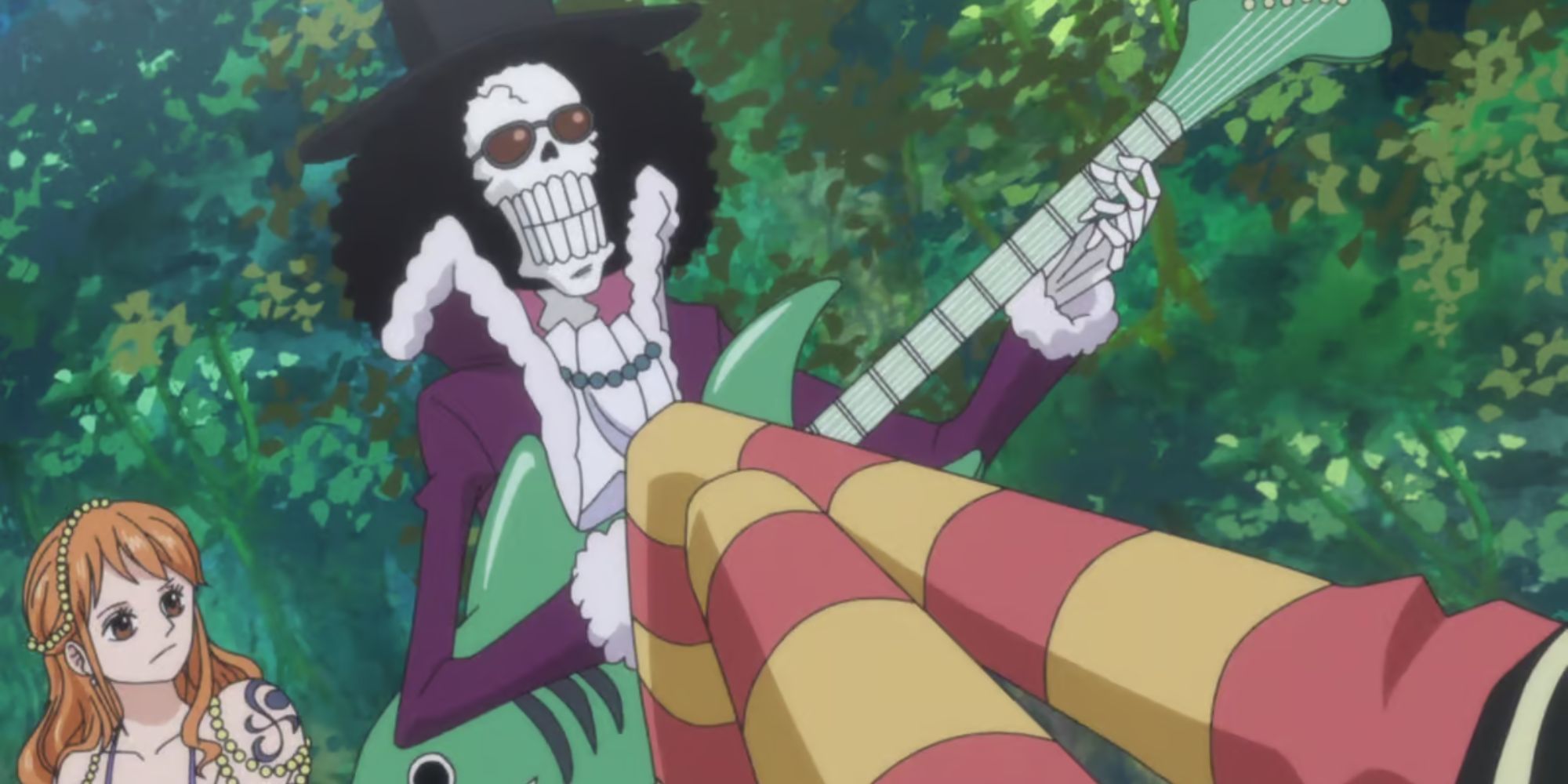 Brook rocking out in his way to meet Nekomamushi.