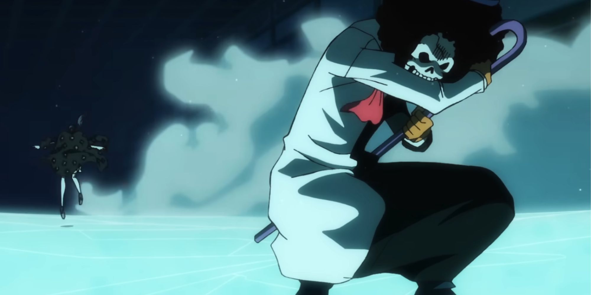 Brook uses his ice powers to put out Black Maria's fire.