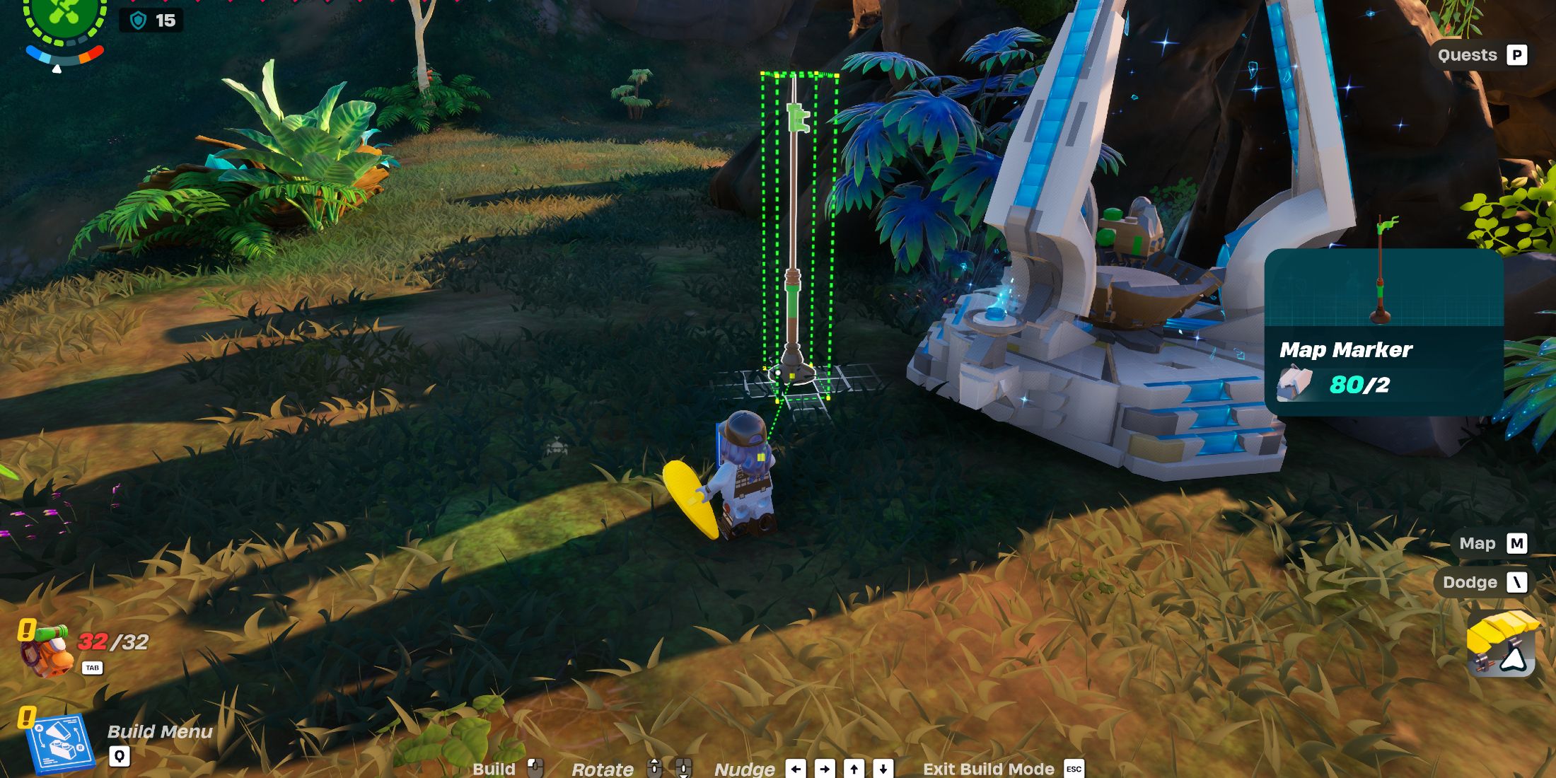 Screenshot showcasing the player building a Map Marker to mark a Rift Shrine in LEGO Fortnite 