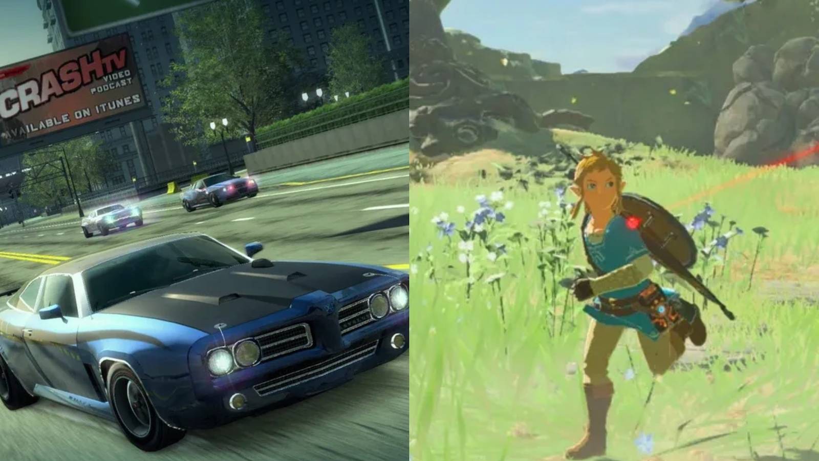 Burnout Paradise on the left and Breath of the Wild on the right