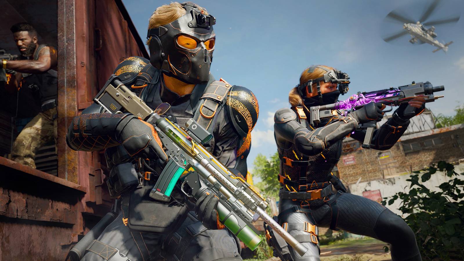 A Call of Duty: Black Ops 6 promo screenshot showing three operators holding weapons on the Derelict map, with a flying helicopter being visible in the background.