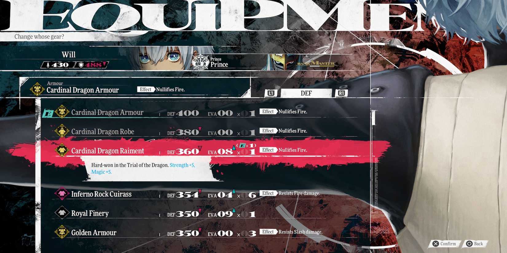 Cardinal Dragon Raiment armour in Metaphor ReFantazio