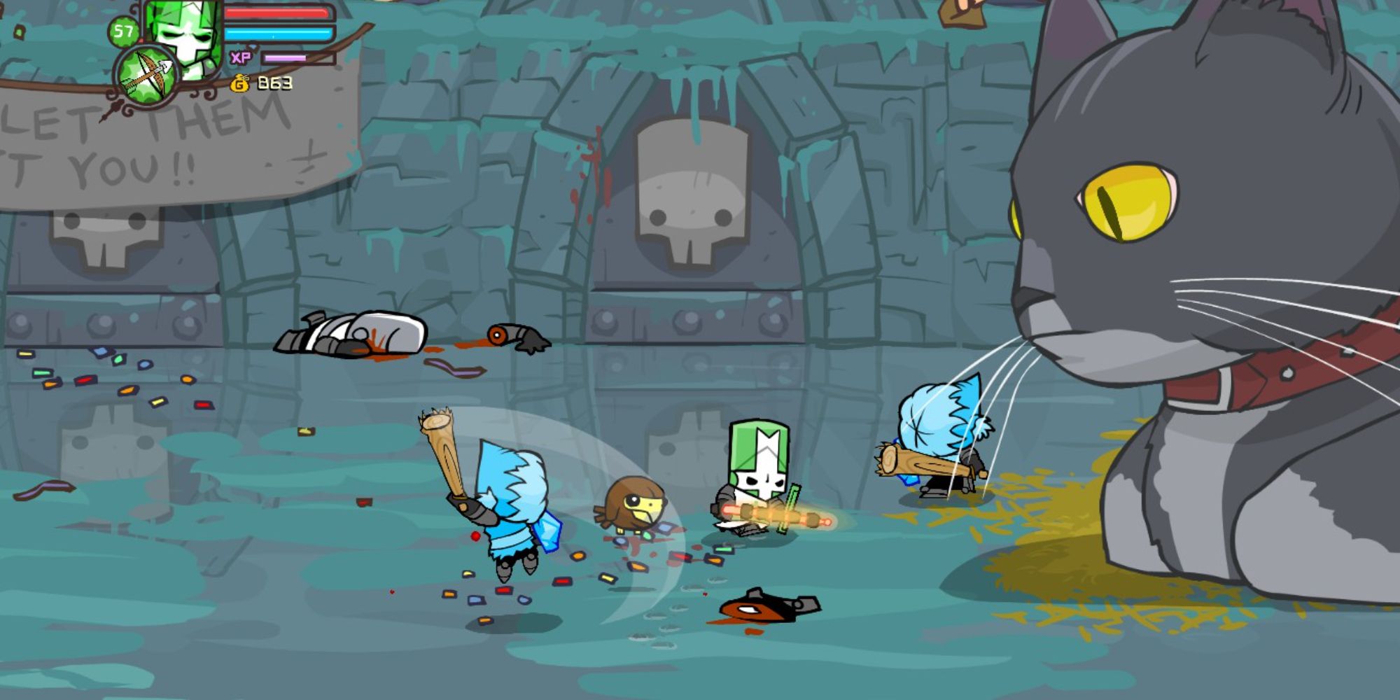 Iceskimo and Green Knight fighting a giant cat in Castle Crashers
