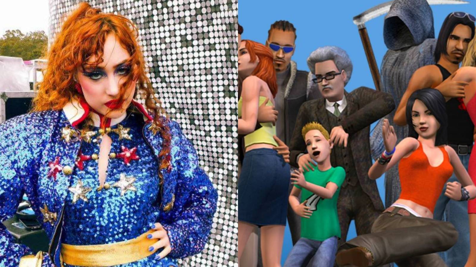 chappell roan wearing blue and the sims 2 collage