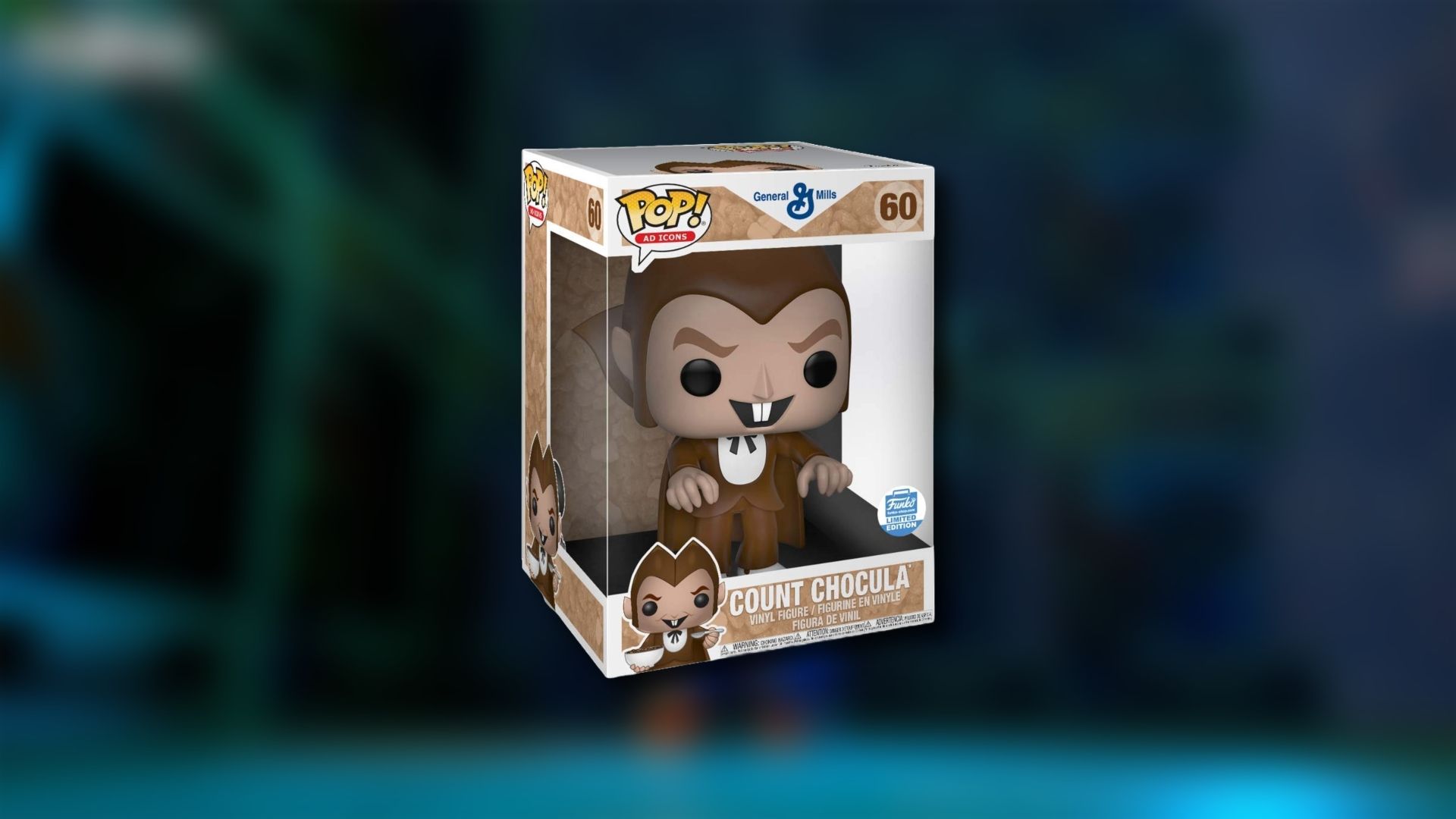 Funko pop of Count Chocula floats in front of a dark blue background