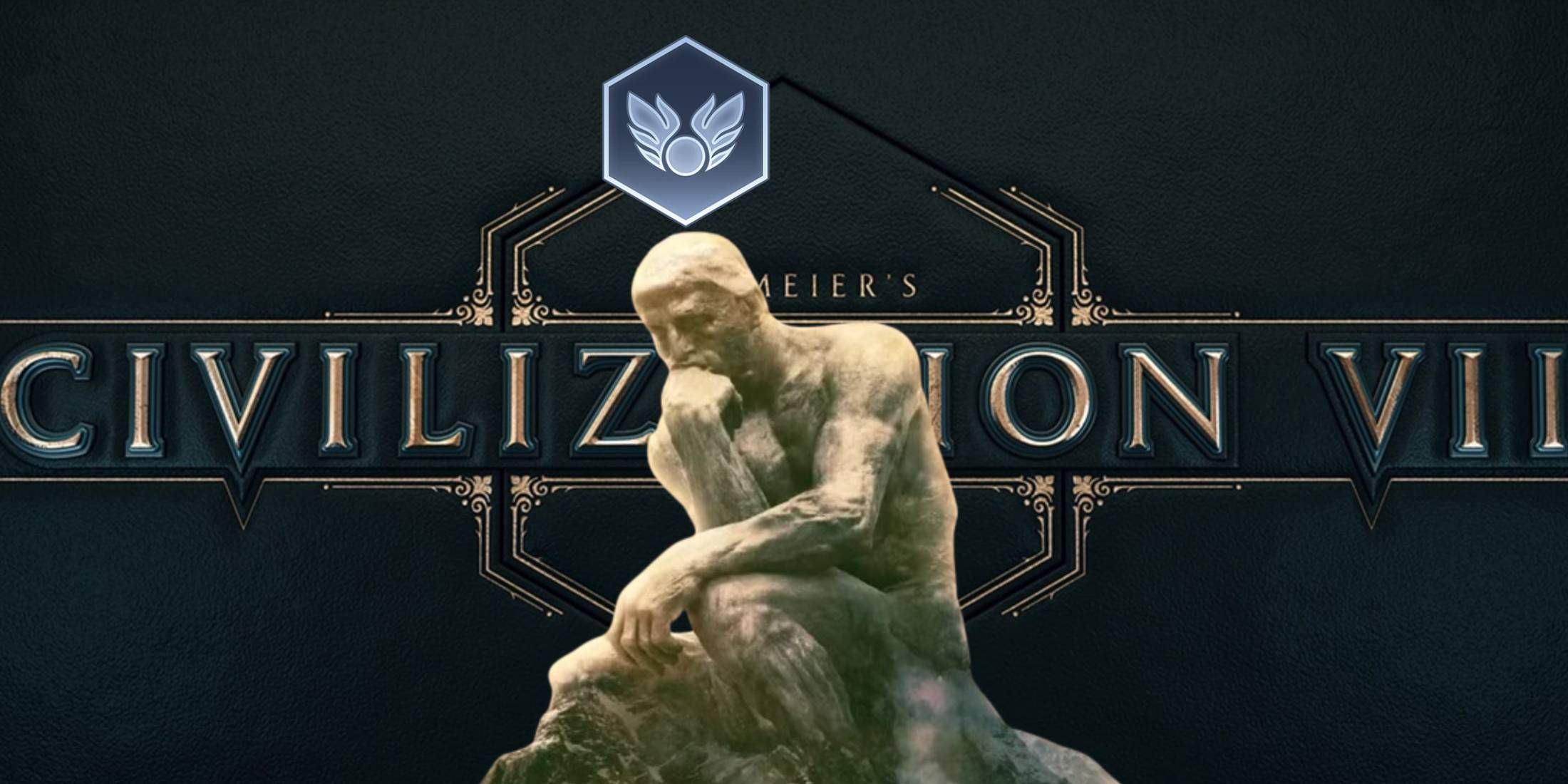 The Thinker thinking about the Holy Site symbol from Civilization 6 over Civilization 7 title art