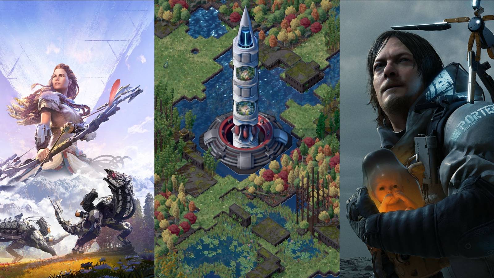 Stills from Horizon Zero Dawn, Terra Nil, and Death Stranding