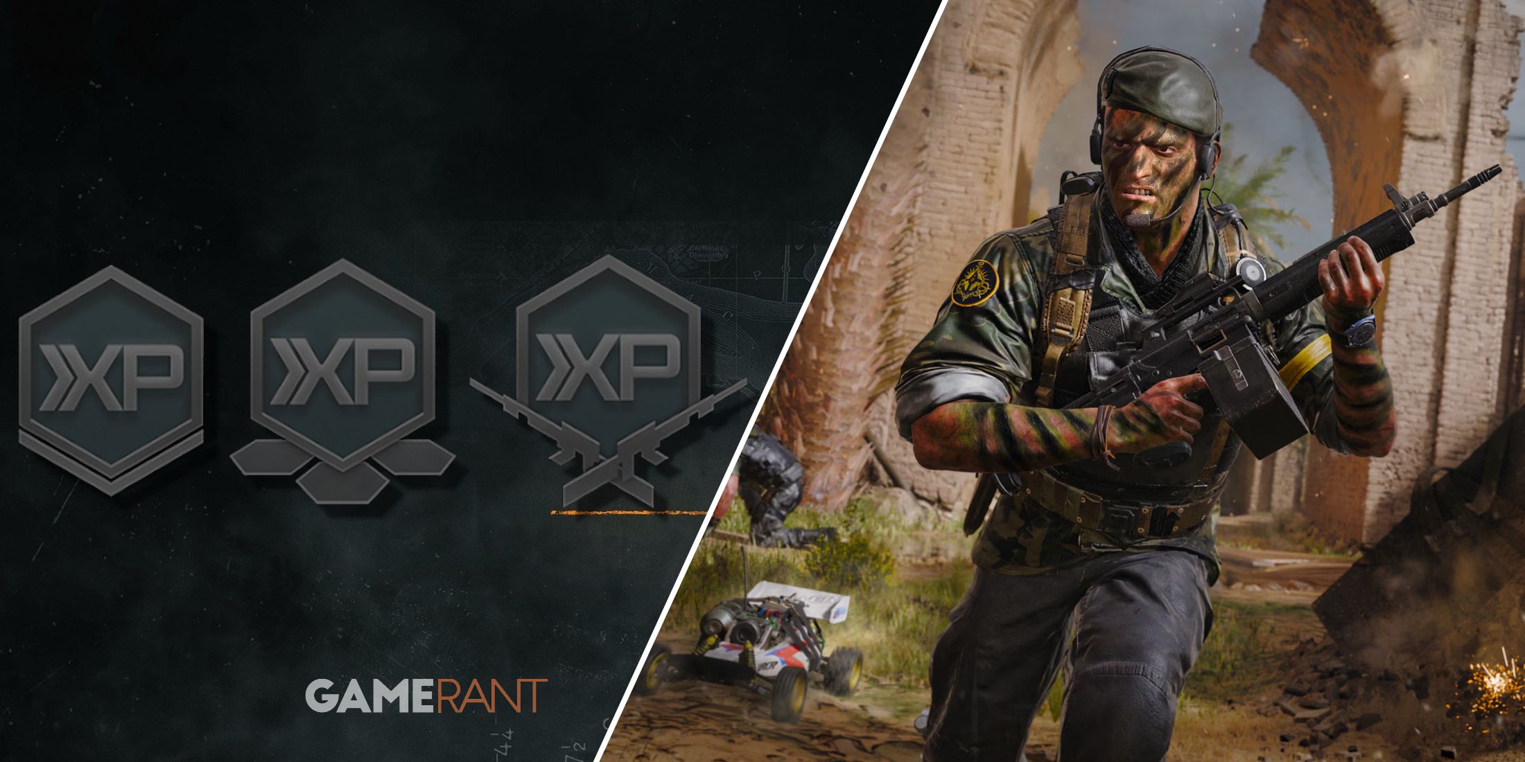 Split-image showcasing Double XP Tokens and Black Ops 6 footage