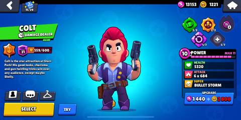 Colt on a blue background in the Brawl Stars menu