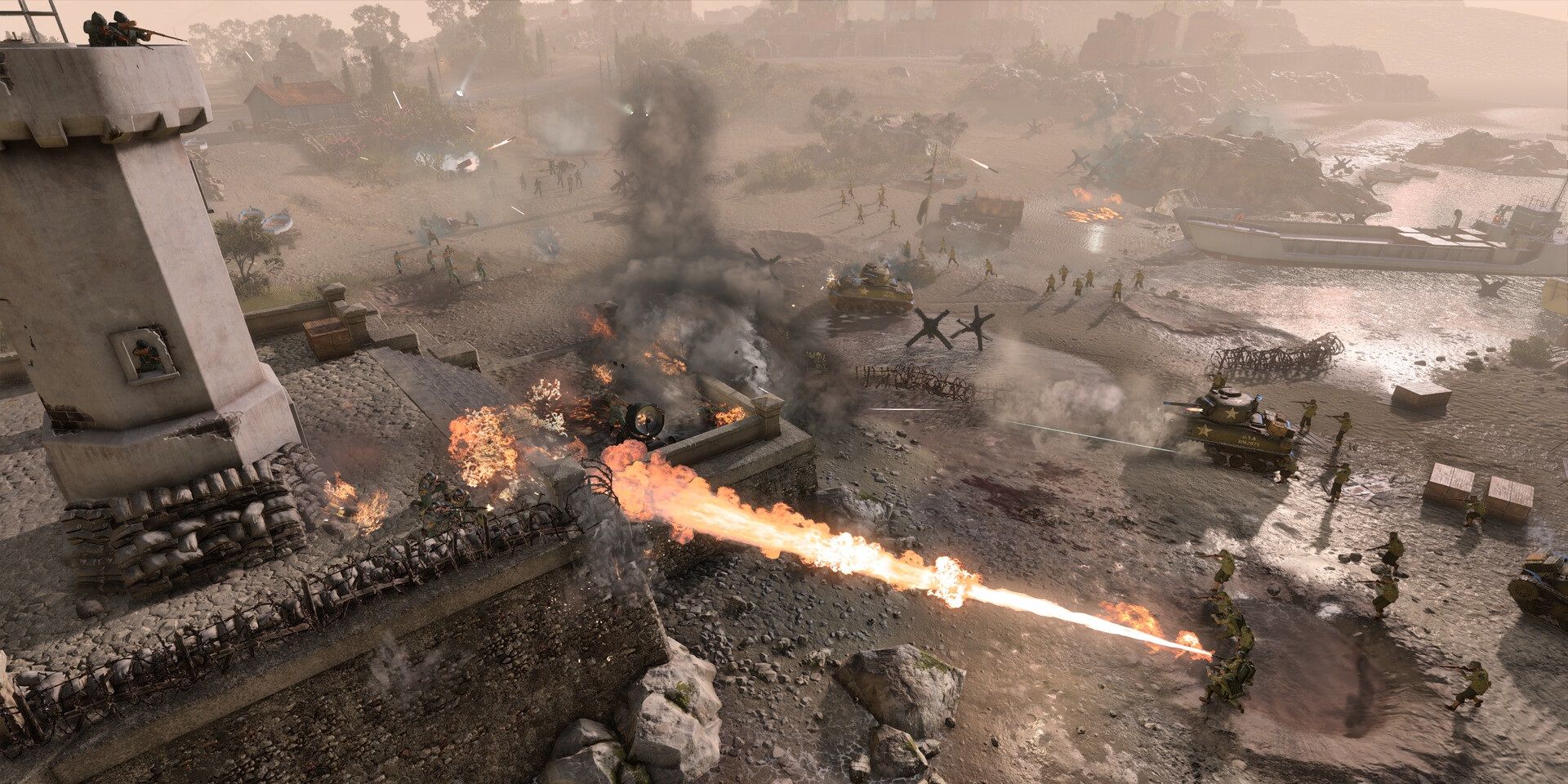 Trooper using a flamethrower in Company of Heroes 3