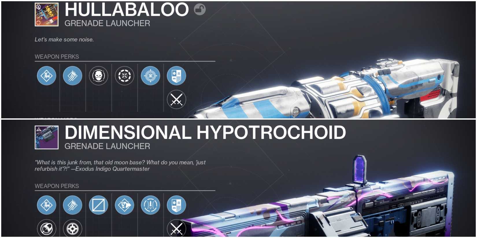 Hullabaloo and Dimensional Hypotrochoid, the two Compressed Wave Frame Grenade Launchers from Destiny 2