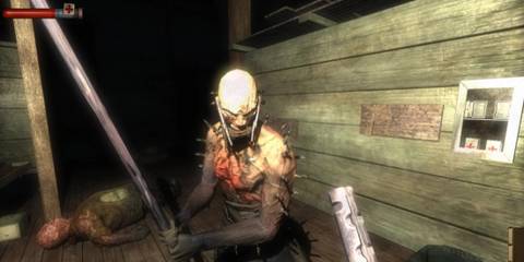 An enemy about to take the player with a wooden bat in Condemned: Criminal Origins