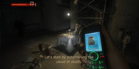 The player investigates a crime scene with a corpse propped up at a makeshift dining table
