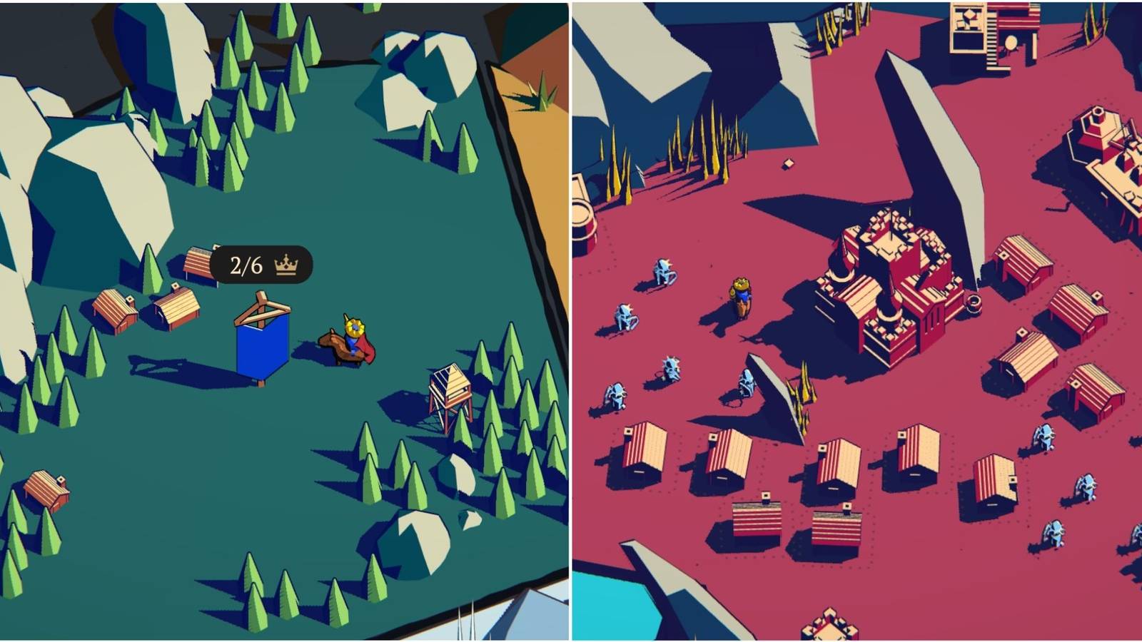 Gameplay screenshots from Thronefall showcasing the unlocked crowns and third level.