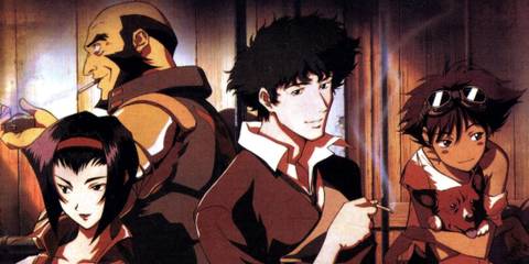 Several Cowboy Bebop cahracters stand in a photo.