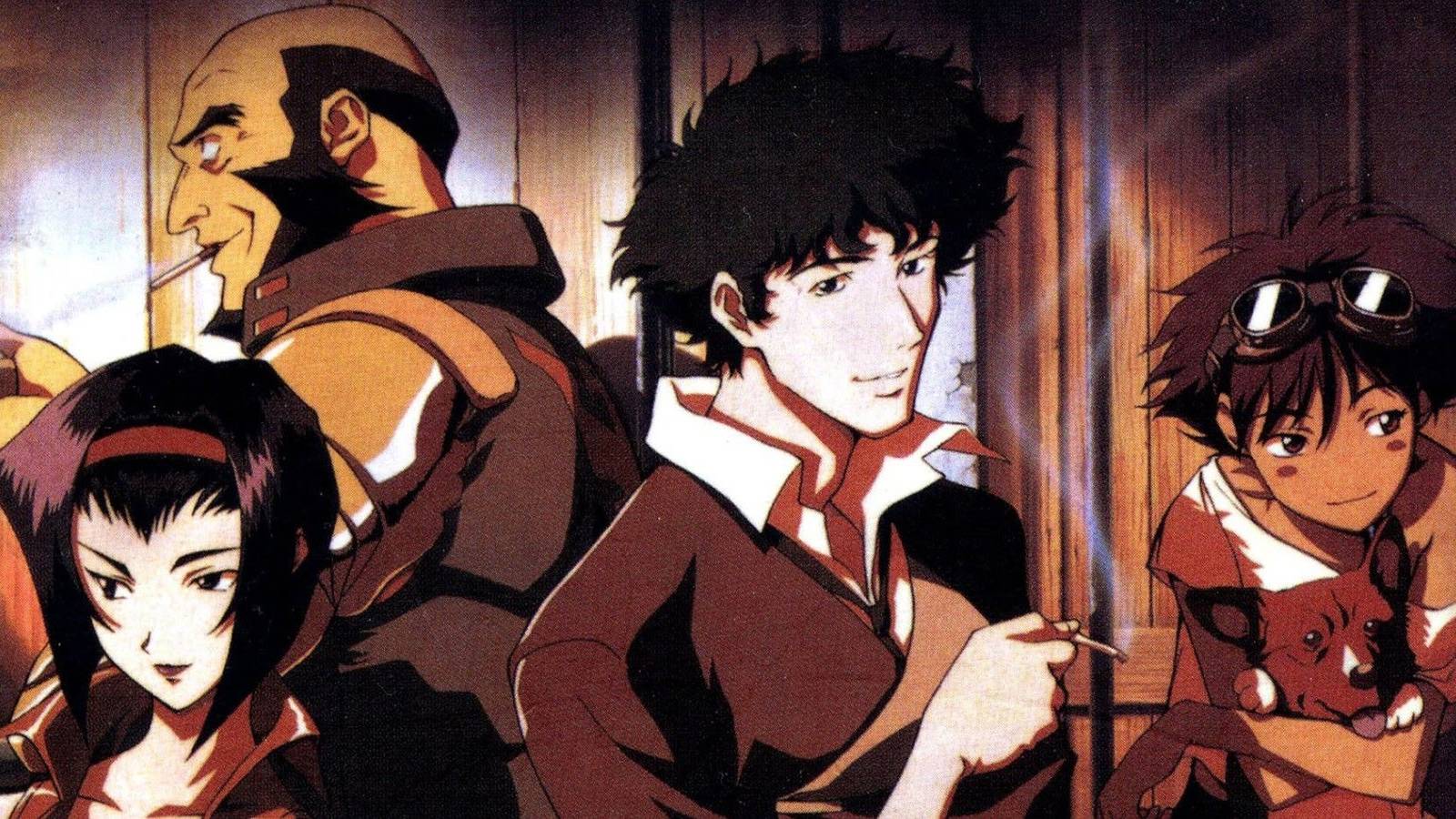 Several Cowboy Bebop cahracters stand in a photo.