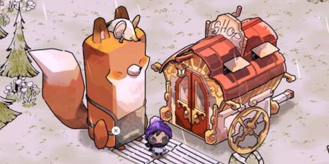 player character standing next to Kit and his shop