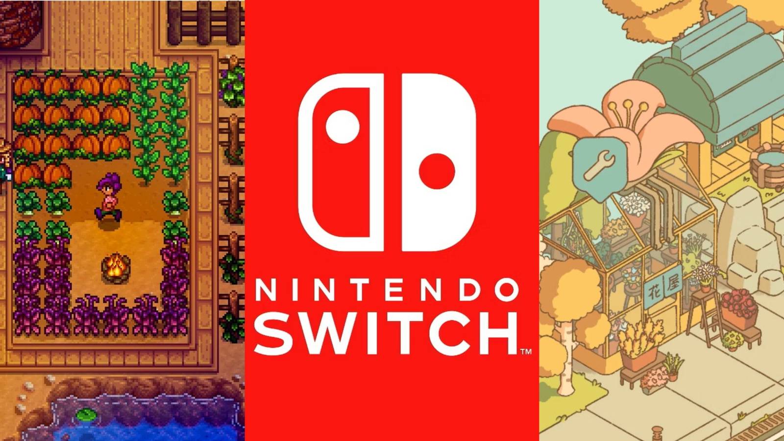 Nintendo Switch logo in the middle of screenshots from Stardew Valley and Minami Lane