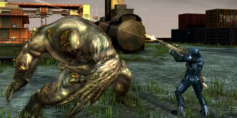 Shooting a gun at a monster in Crackdown 2