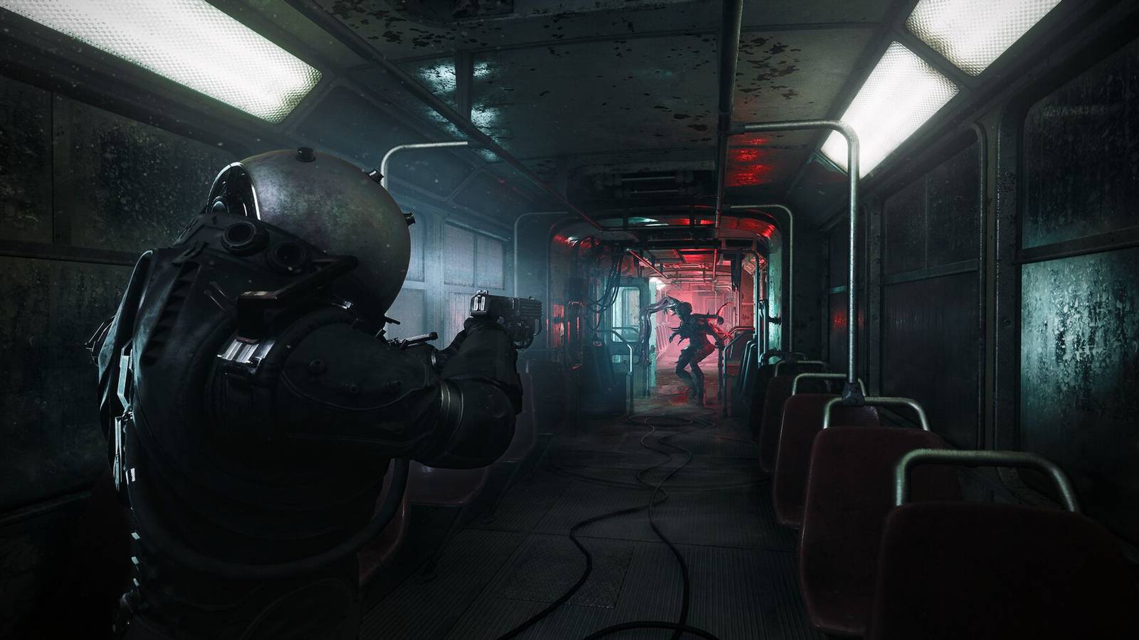 Cronos New Dawn main art spaceman vs monster in train