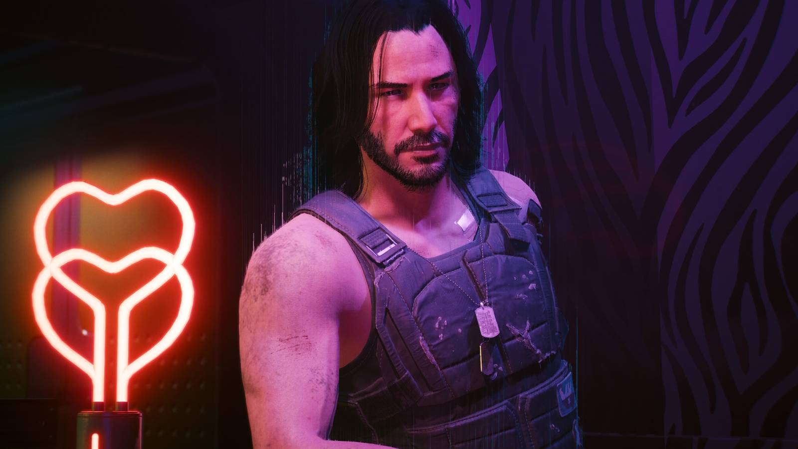 johnny silverhand standing by a love heart lamp