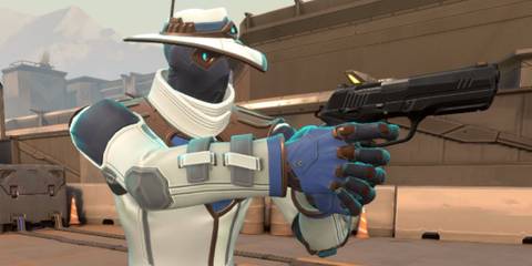 Cypher, a valorant agent is seen shooting at enemies 
