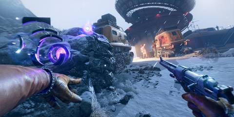 The player stalking a camp of enemies in a snowstorm 