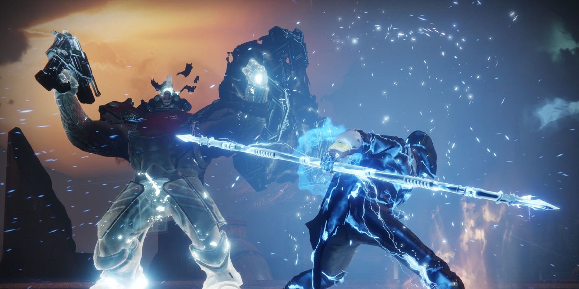 Guardian wielding an Arc Staff battling a towering Cabal enemy in Destiny 2.