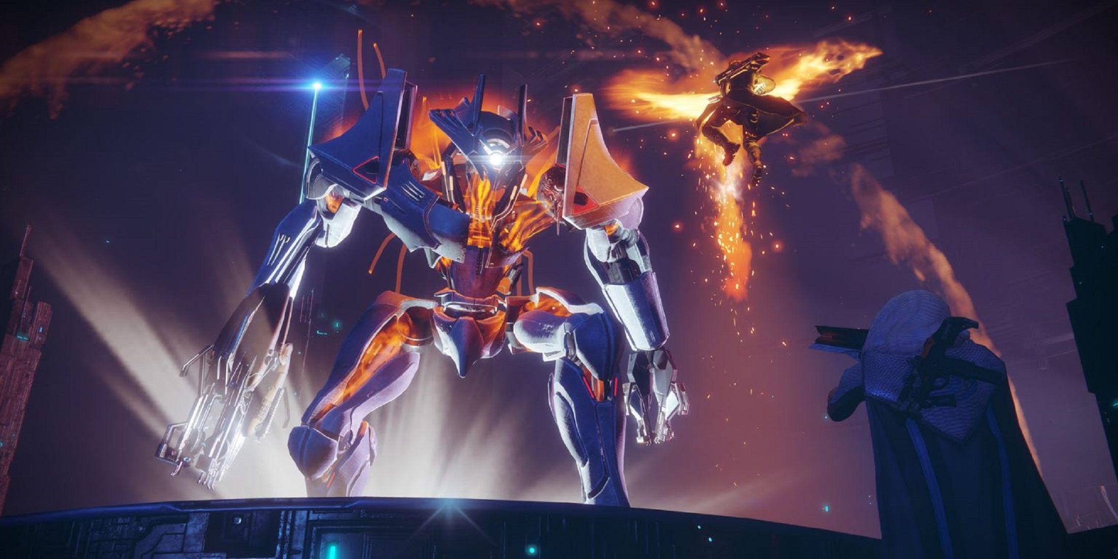 A Guardian confronts a massive Vex enemy in Destiny 2.