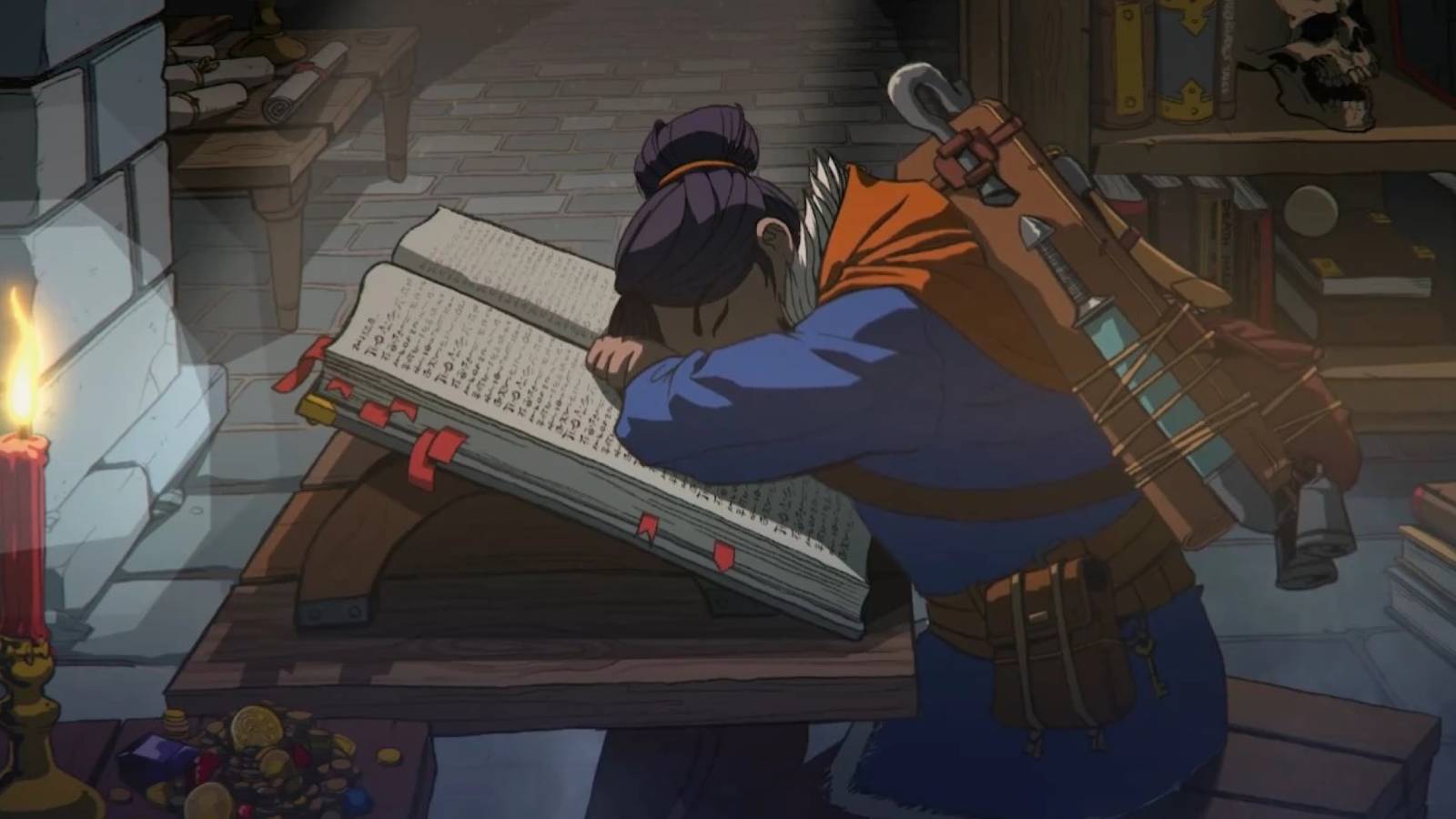 neyrelle sleeping on a book in the horadric vault from diablo 4