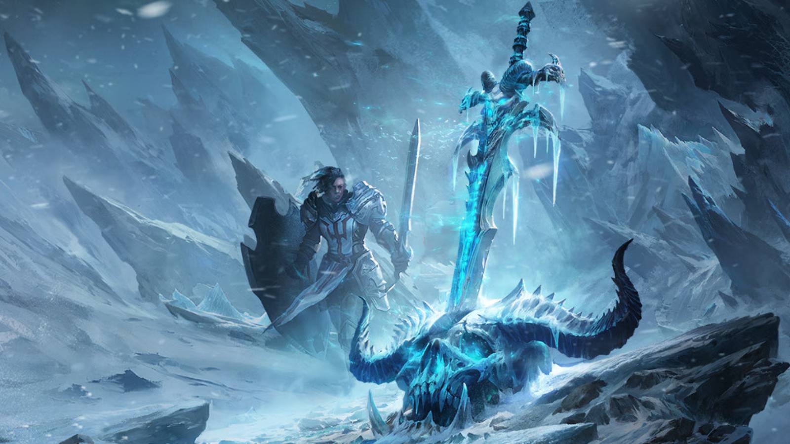 frostmourne impaled into a diablo demon skull with a paladin looking onward