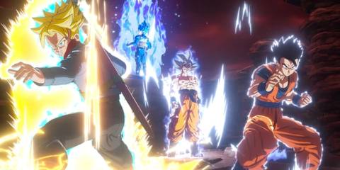 Dragon Ball: Sparking Zero cutscene featuring its strongest heroes left to right: Super Saiyan Future Trunks, Super Saiyan Blue Vegeta, Ultra Instinct Goku, Ultimate Gohan