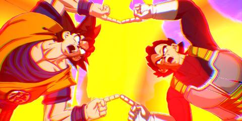 Goku and Vegeta performing the Fusion Dance in order to join forces and become Gogeta