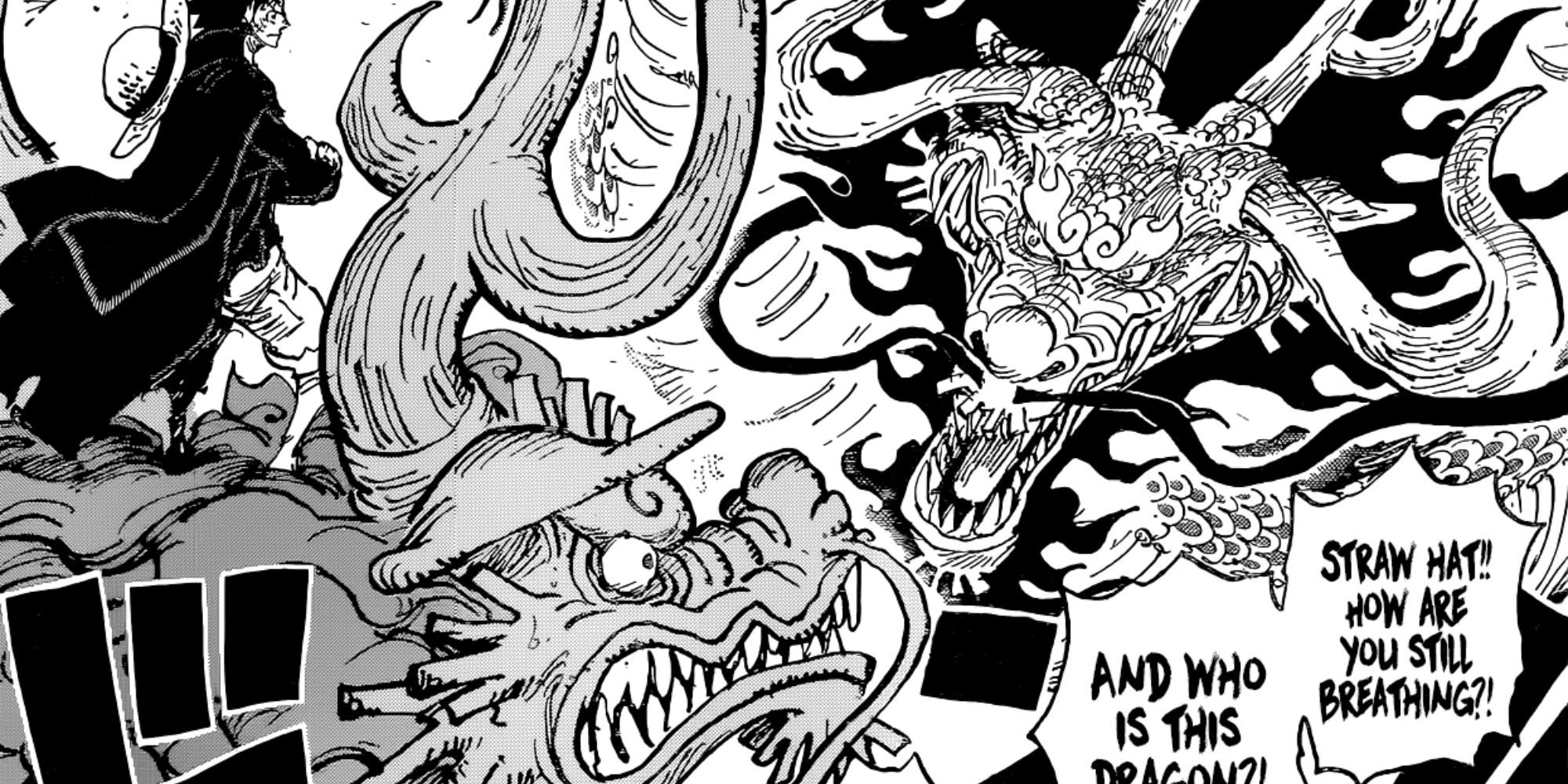 Dragon Kaido confronts Luffy while he's on top of Dragon Momonosuke.