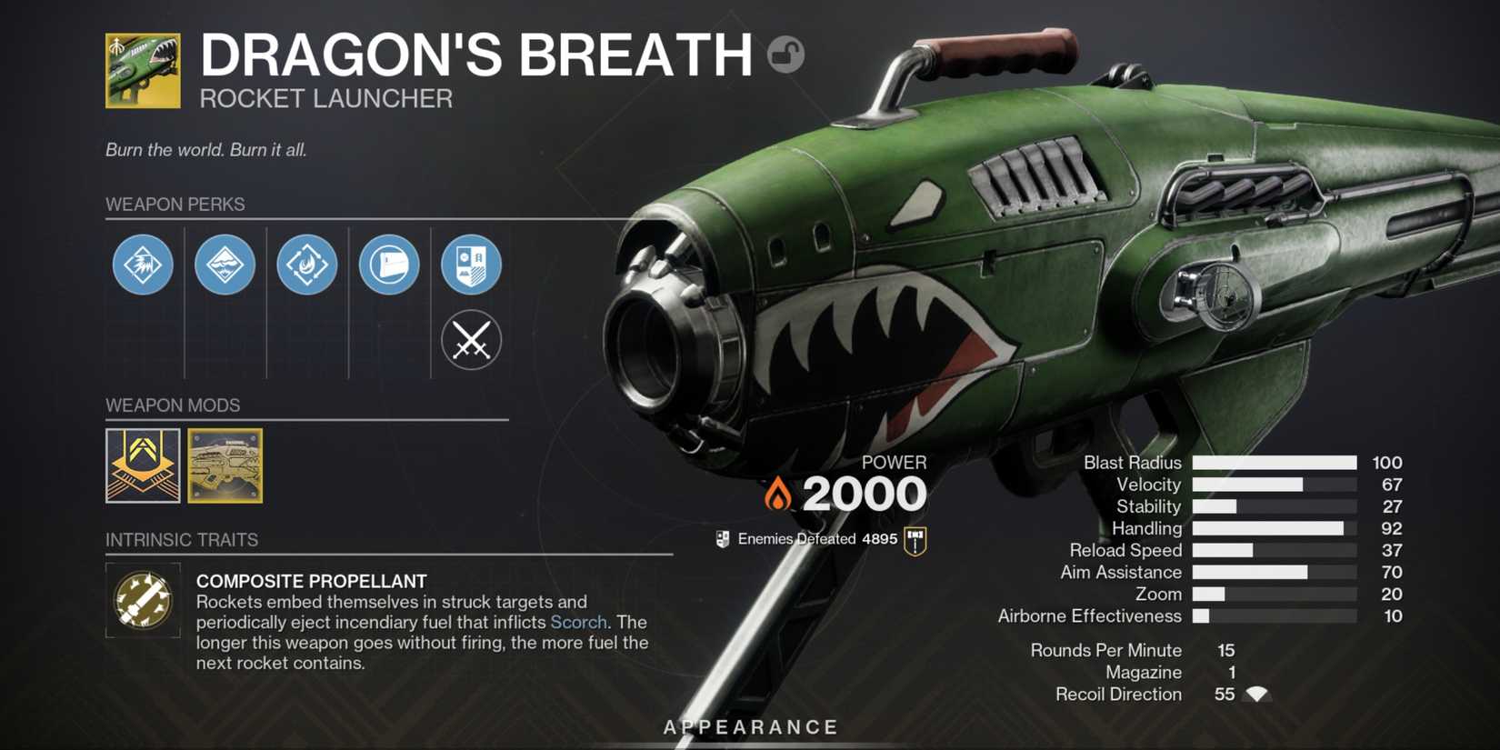 Dragon's Breath, a solar exotic rocket launcher from Destiny 2