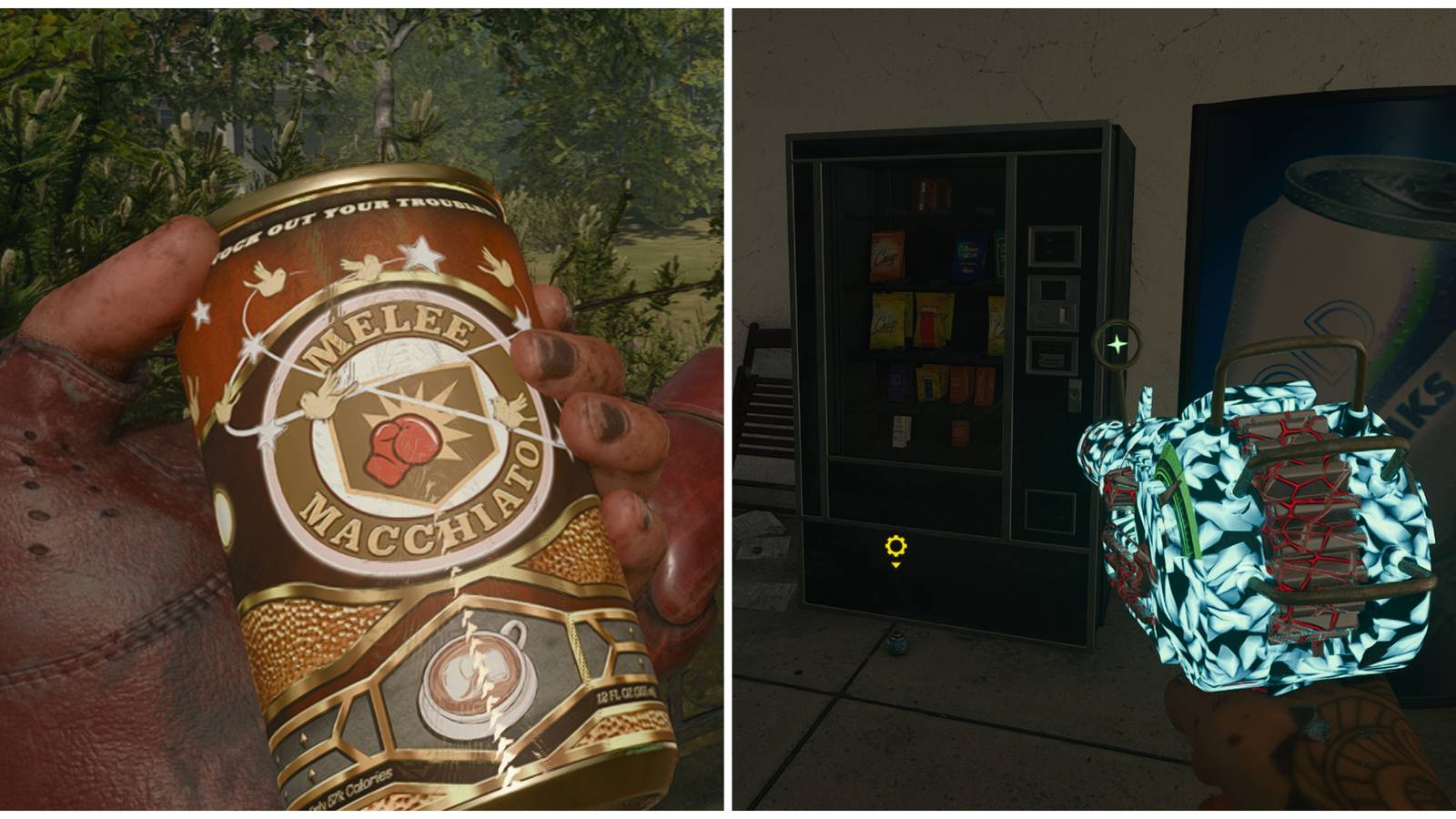 drinking melee macchiato and showing a ray gun