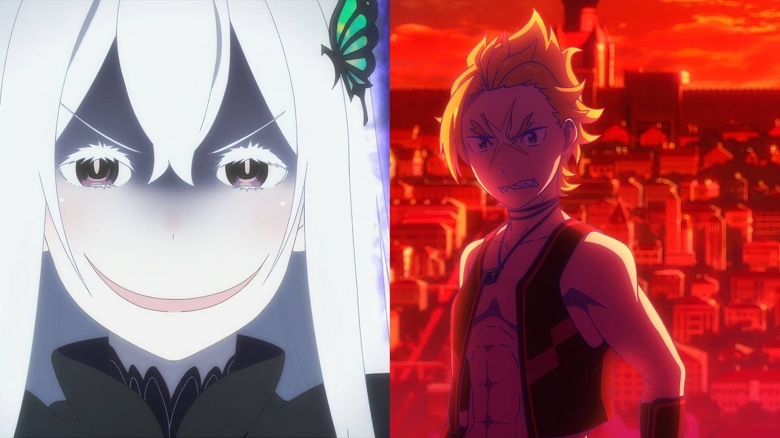 Echidna looking evil and Garfiel infront of a red background of Priestella in Re:Zero