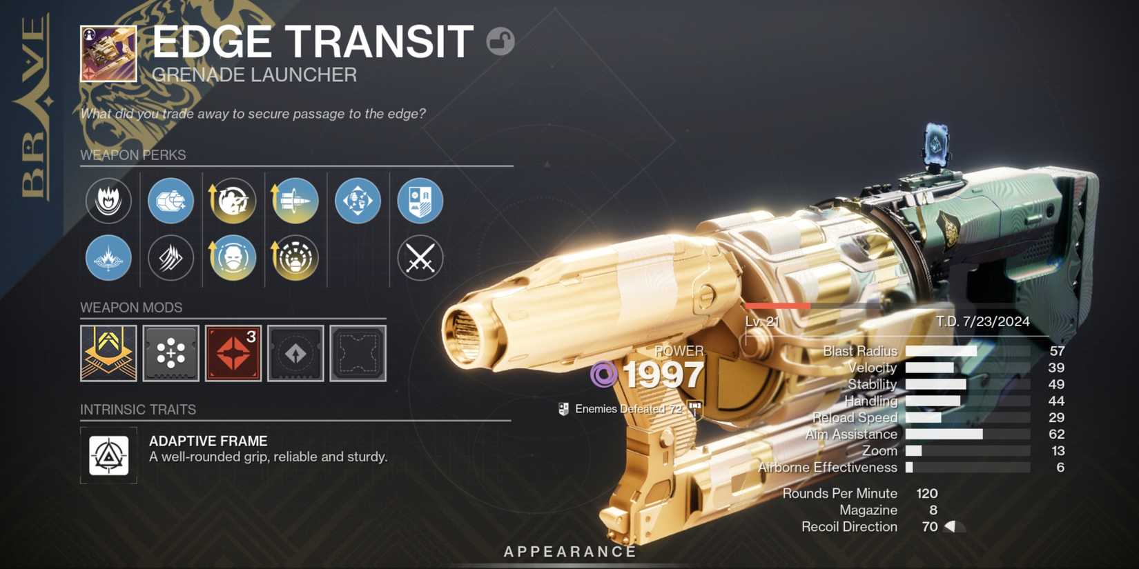 Edge Transit, a void heavy grenade launcher from Destiny 2