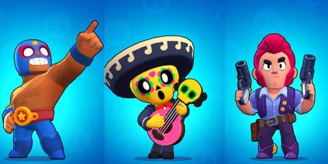 El Primo, Poco and Colt standing on a blue background in Brawl Stars