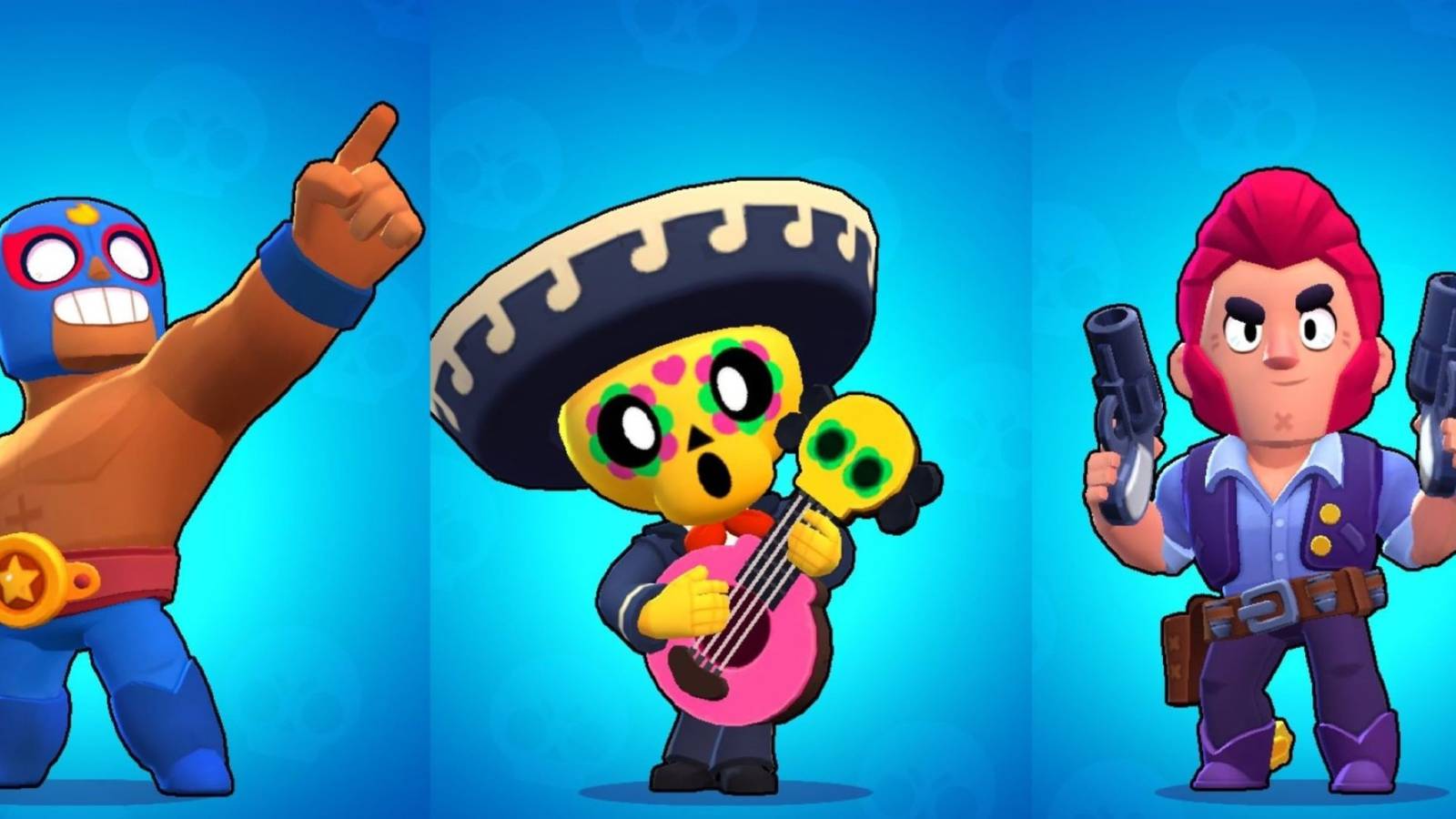 El Primo, Poco and Colt standing on a blue background in Brawl Stars