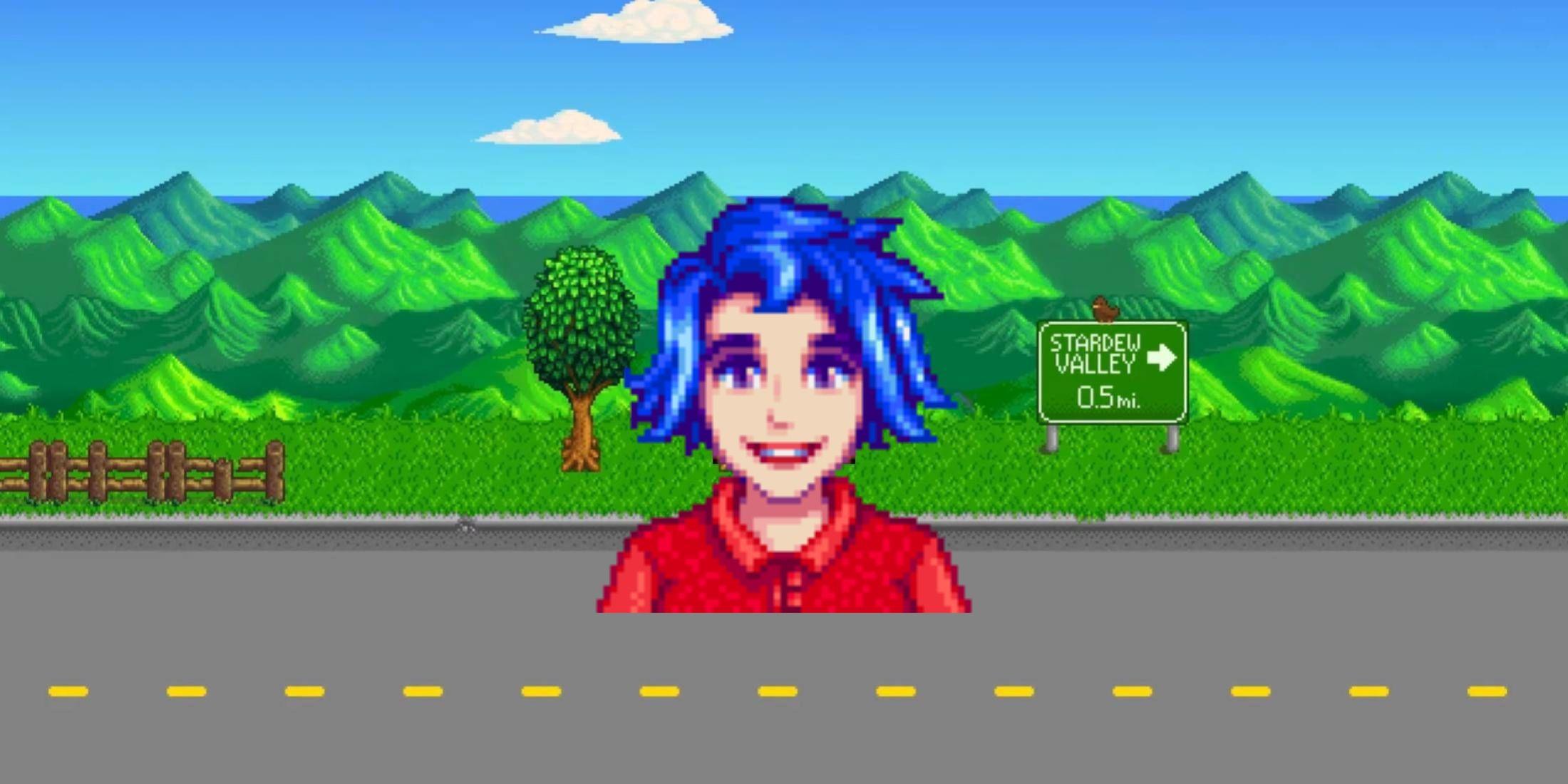 stardew valley - emily portrait on stardew background