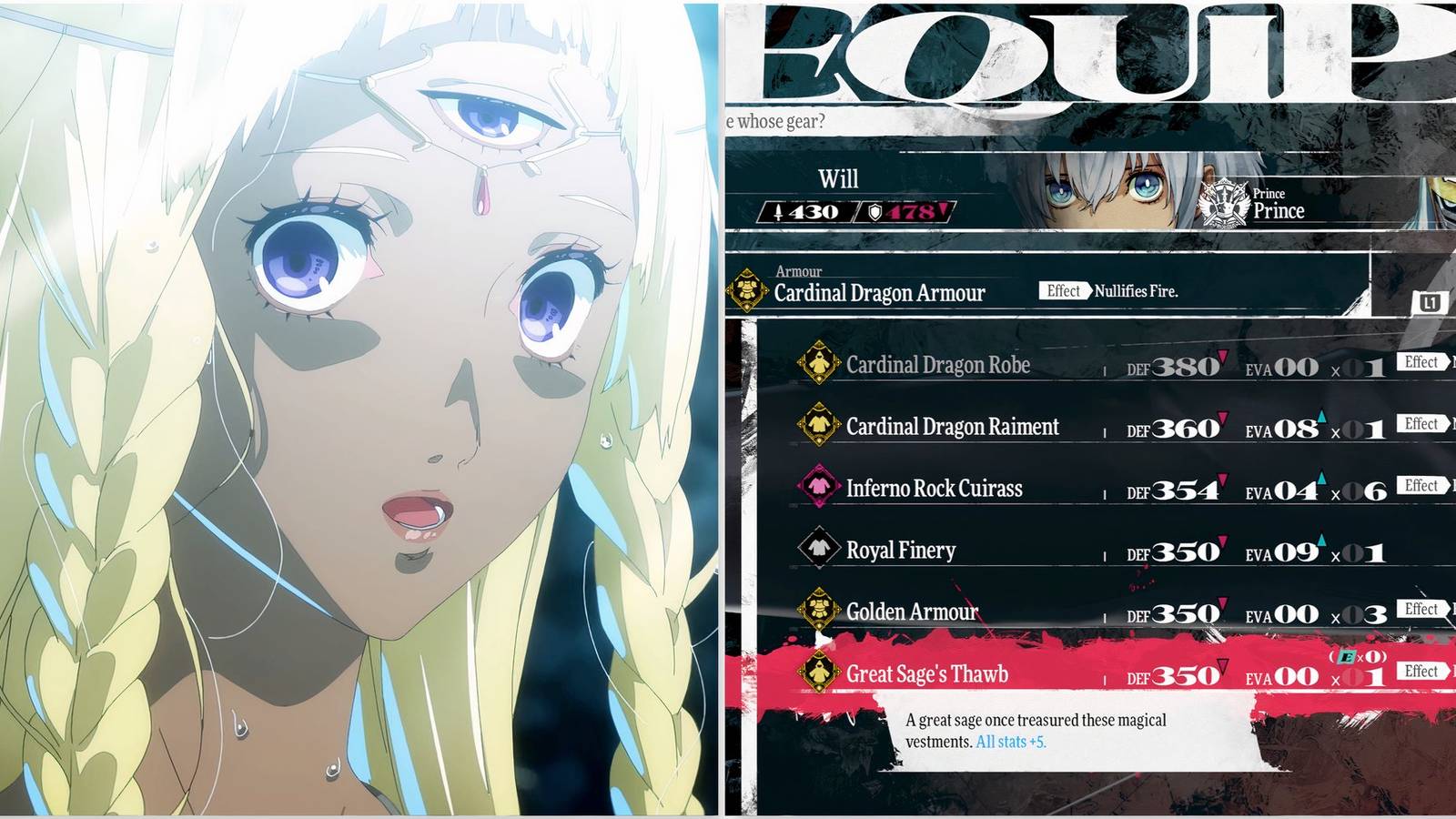 Eupha and Great Sage's Thwab armour in Metaphor ReFantazio