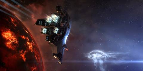 EVE Online ship approaching a planet
